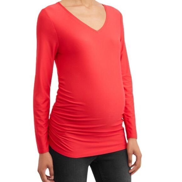 Time and Tru Tops - NWT Maternity Top Womens Medium Time and Tru Red Long Sleeve V Neck Ruched Sides